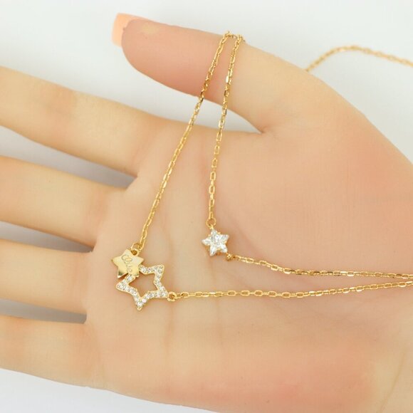 "Double-Layered Rose Gold Necklace with Sparkling Star Charms, XPNL0152 - Picture 4 of 12